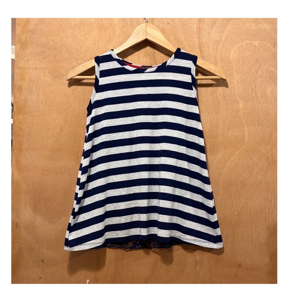 Tank Top Womens Medium Soft Grey Navy Blue Striped Lace Back Nautical Poof Girl